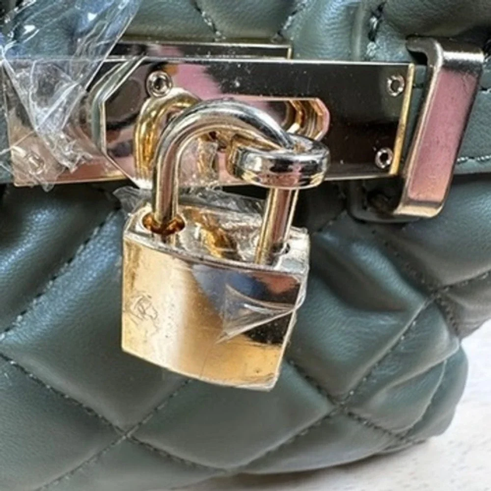 Badgley Mischka Mini Satchel Tote Olive Green Quilted Crossbody Handbag Lock NWT